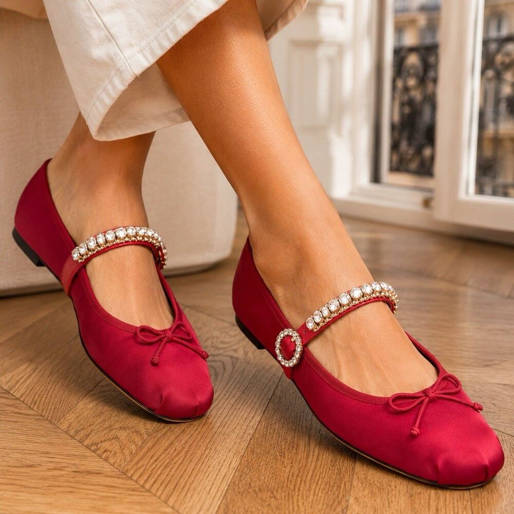 J‎ Crew Logan Mary Jane Flats Red Satin Crystal Strap Ballet Bow Coquette